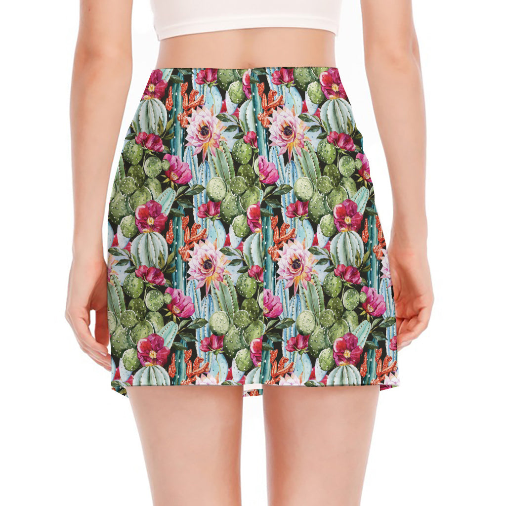 Vintage Cactus And Flower Print Side Slit Mini Skirt