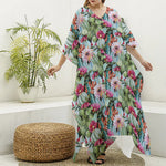 Vintage Cactus And Flower Print Silk V-Neck Kaftan Dress