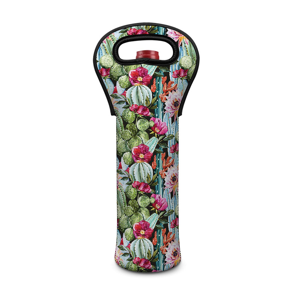 Vintage Cactus And Flower Print Single Neoprene Wine Tote
