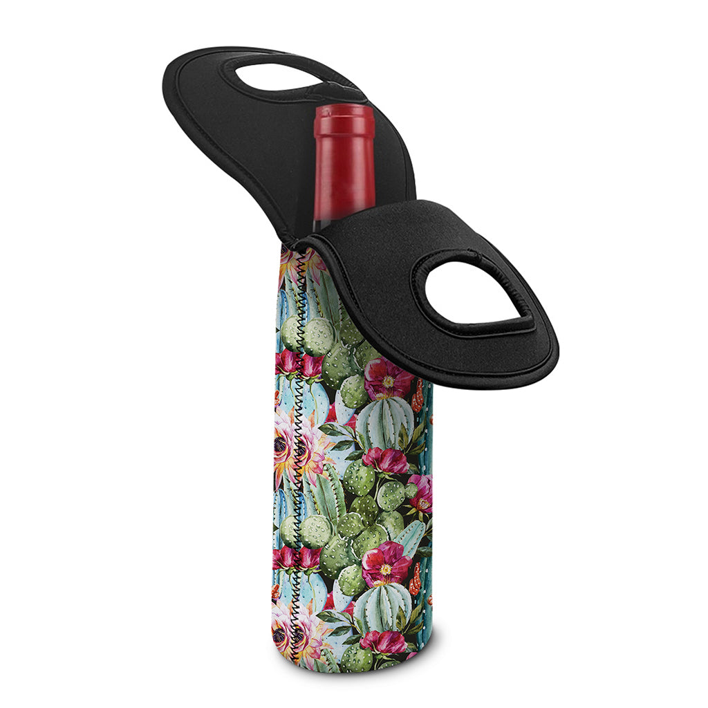 Vintage Cactus And Flower Print Single Neoprene Wine Tote