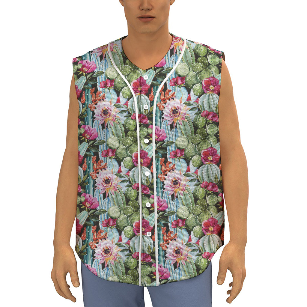 Vintage Cactus And Flower Print Sleeveless Baseball Jersey