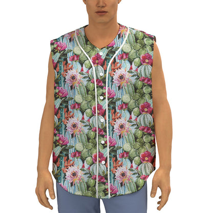 Vintage Cactus And Flower Print Sleeveless Baseball Jersey