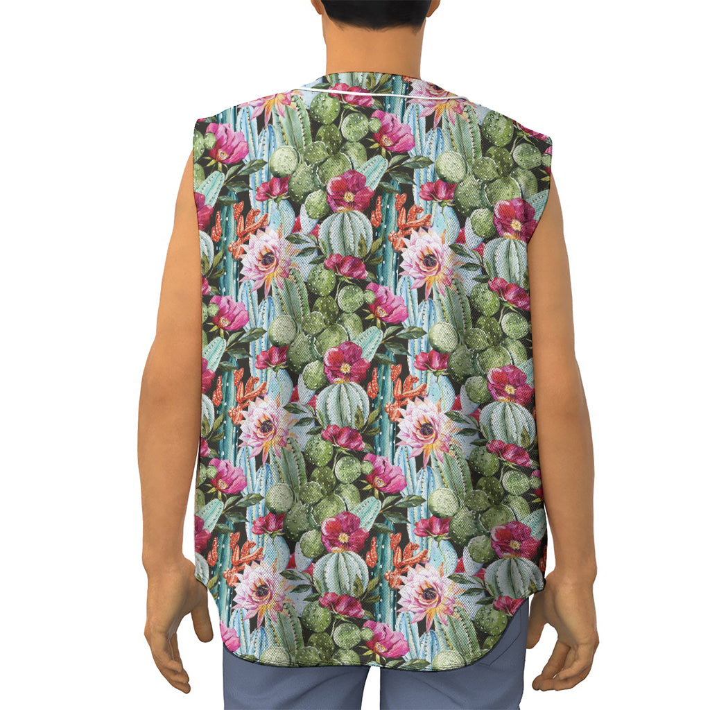 Vintage Cactus And Flower Print Sleeveless Baseball Jersey