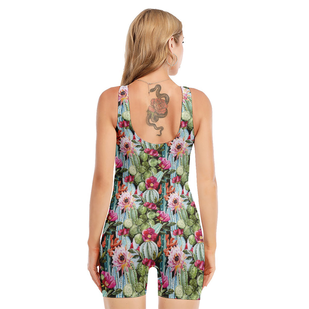 Vintage Cactus And Flower Print Sleeveless One Piece Swimsuit