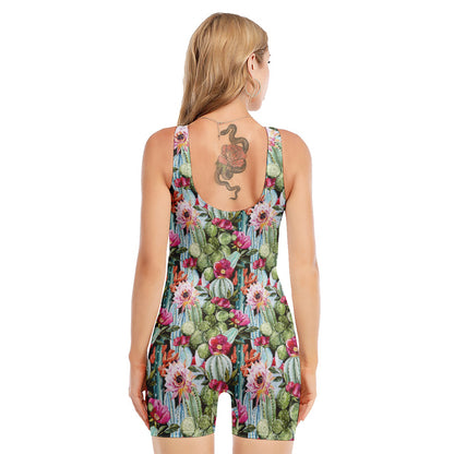 Vintage Cactus And Flower Print Sleeveless One Piece Swimsuit