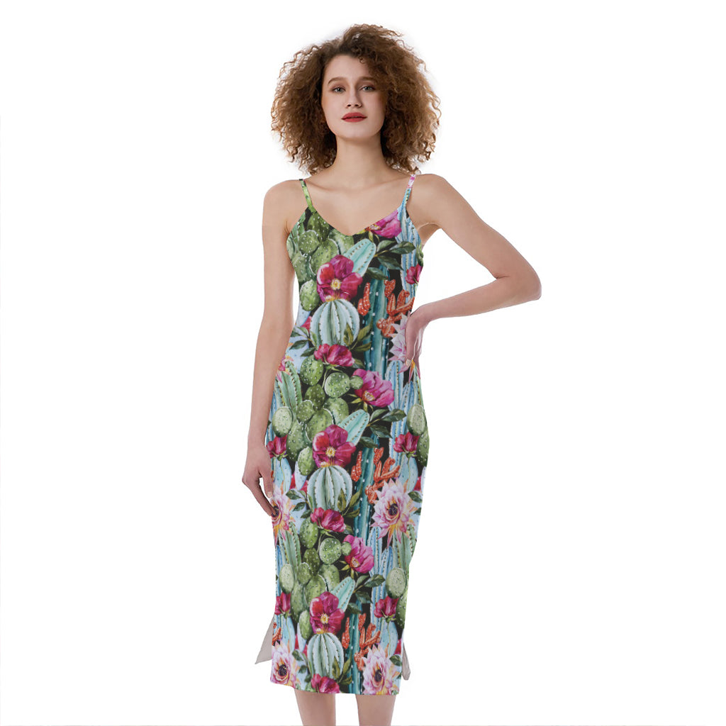 Vintage Cactus And Flower Print Slim Fit Midi Cami Dress