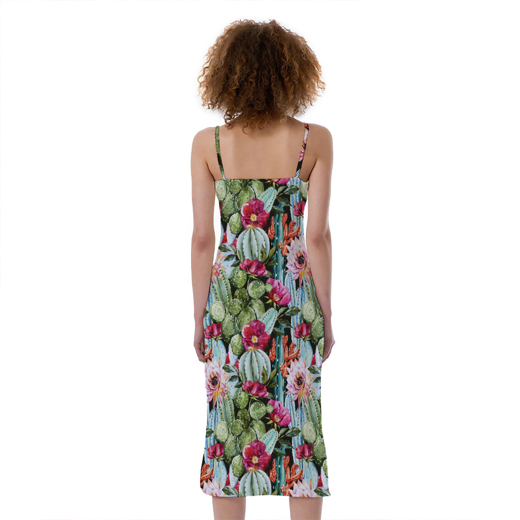 Vintage Cactus And Flower Print Slim Fit Midi Cami Dress