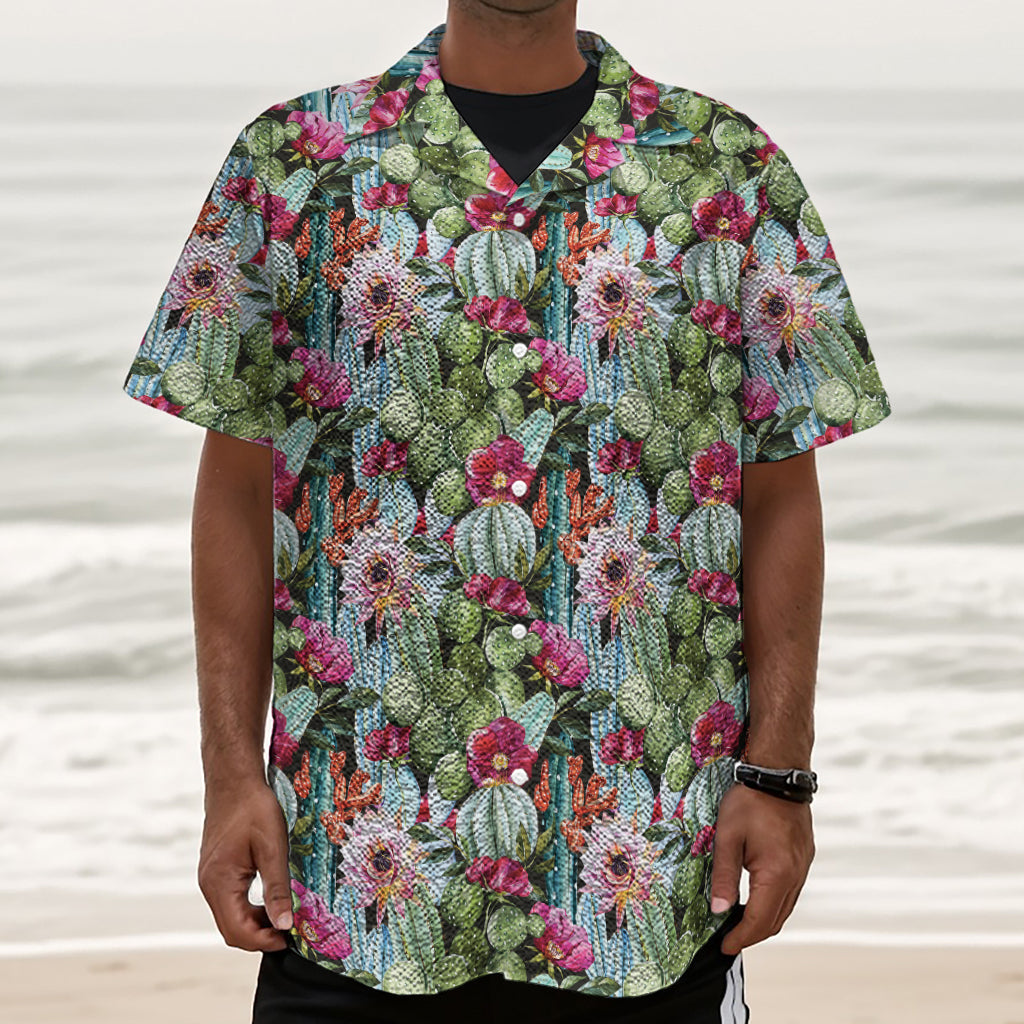 Vintage Cactus And Flower Print Textured Short Sleeve Shirt