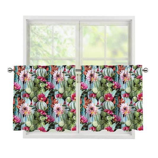 Vintage Cactus And Flower Print Tier Curtains