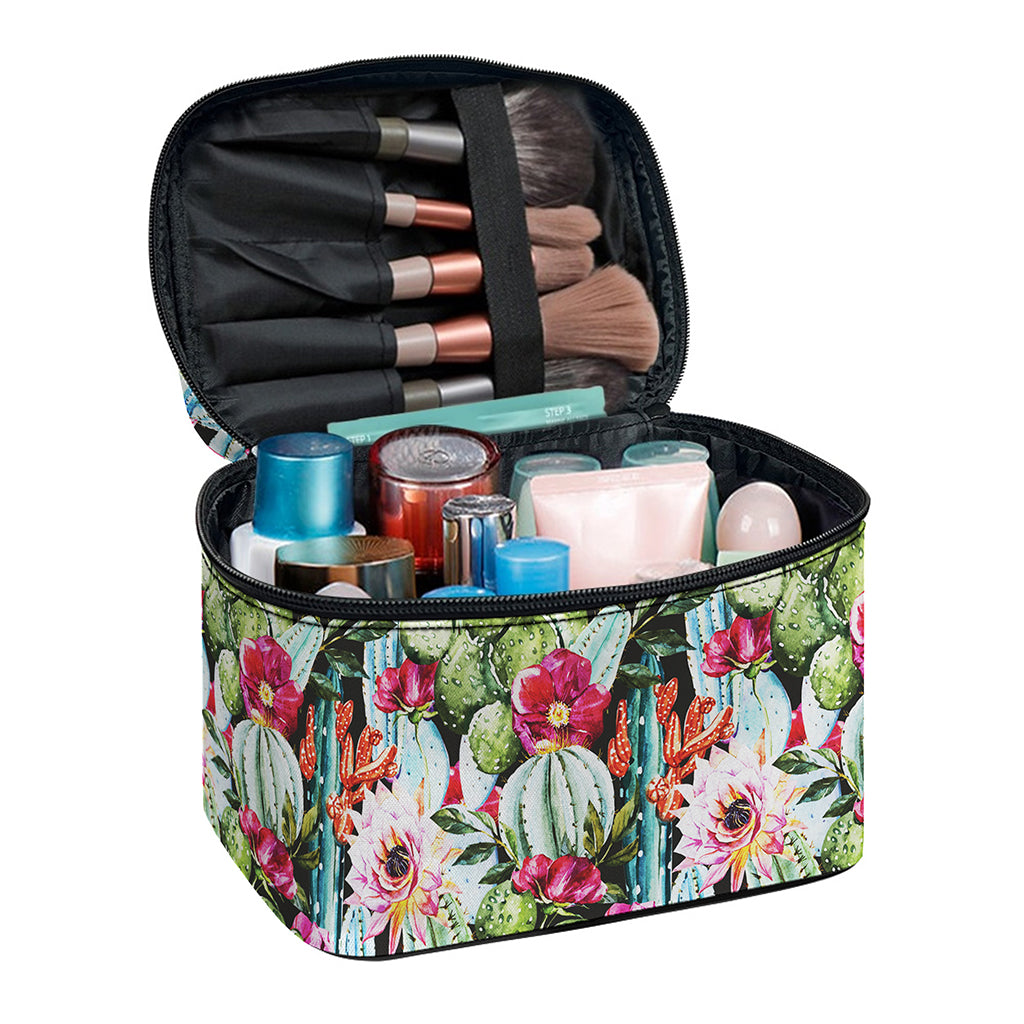 Vintage Cactus And Flower Print Travel Makeup Bag