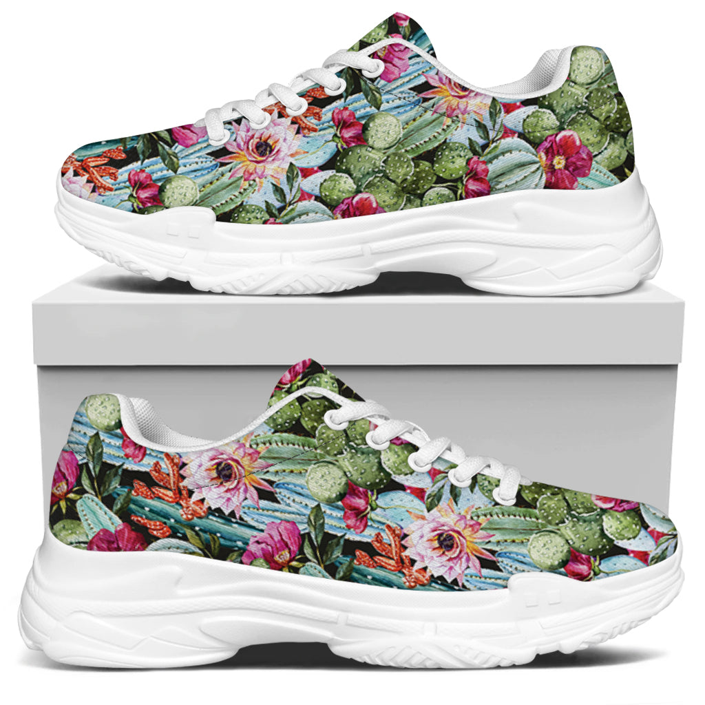 Vintage Cactus And Flower Print White Chunky Shoes