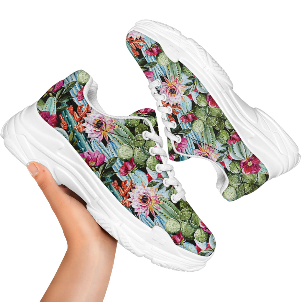 Vintage Cactus And Flower Print White Chunky Shoes