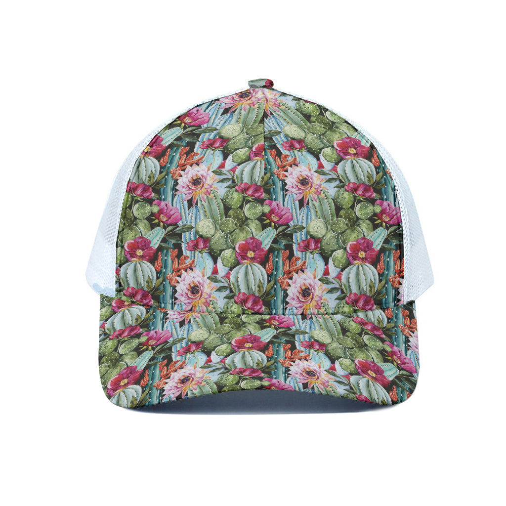 Vintage Cactus And Flower Print White Mesh Trucker Cap