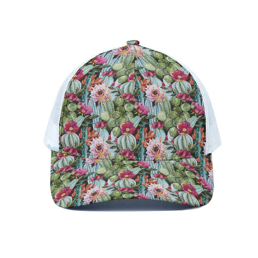 Vintage Cactus And Flower Print White Mesh Trucker Cap