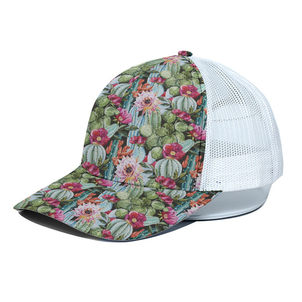 Vintage Cactus And Flower Print White Mesh Trucker Cap