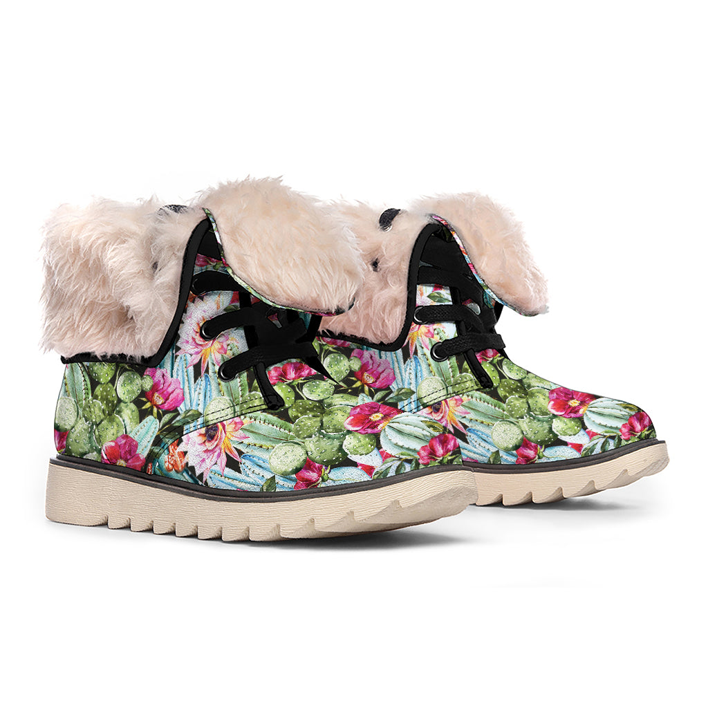 Vintage Cactus And Flower Print Winter Boots
