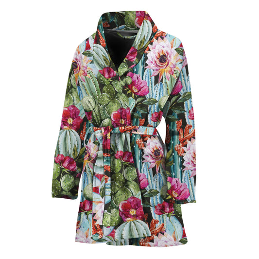 Vintage Cactus And Flower Print Women's Bathrobe