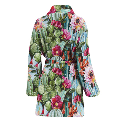 Vintage Cactus And Flower Print Women's Bathrobe