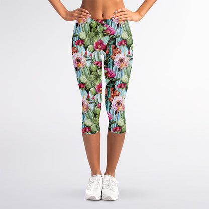 Vintage Cactus And Flower Print Women's Capri Leggings