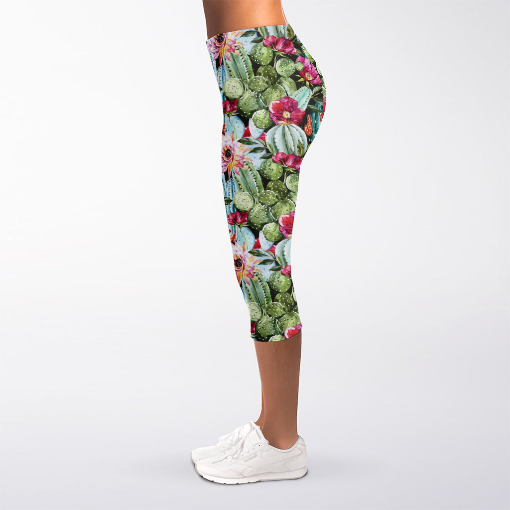 Vintage Cactus And Flower Print Women's Capri Leggings