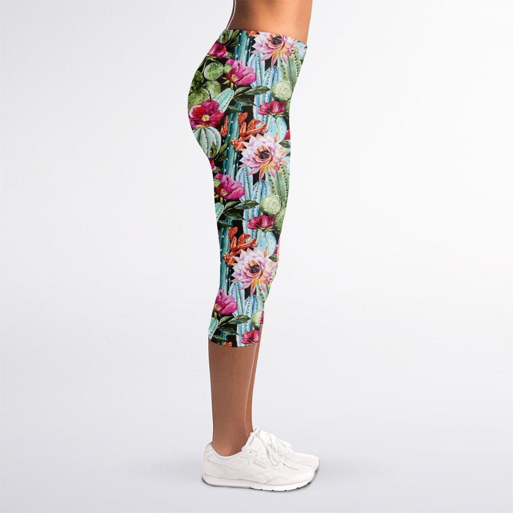 Vintage Cactus And Flower Print Women's Capri Leggings