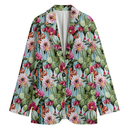 Vintage Cactus And Flower Print Women's Cotton Blazer
