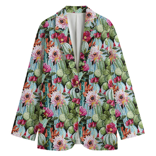 Vintage Cactus And Flower Print Women's Cotton Blazer
