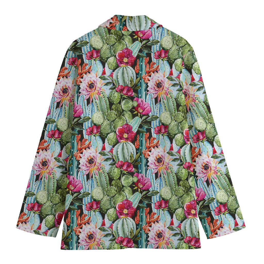 Vintage Cactus And Flower Print Women's Cotton Blazer