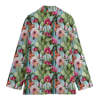 Vintage Cactus And Flower Print Women's Cotton Blazer