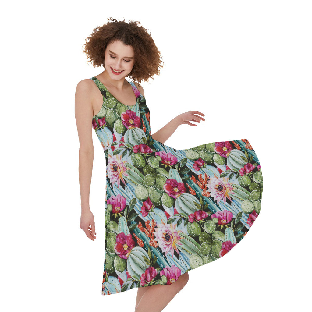 Vintage Cactus And Flower Print Women's Sleeveless Dress