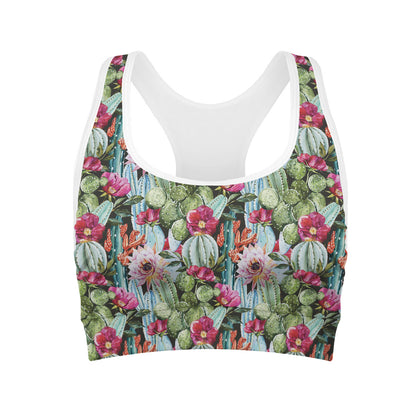 Vintage Cactus And Flower Print Women's Sports Bra