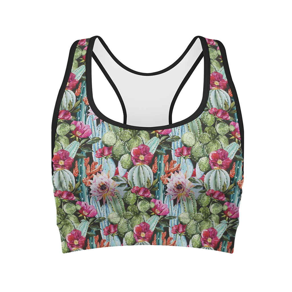 Vintage Cactus And Flower Print Women's Sports Bra