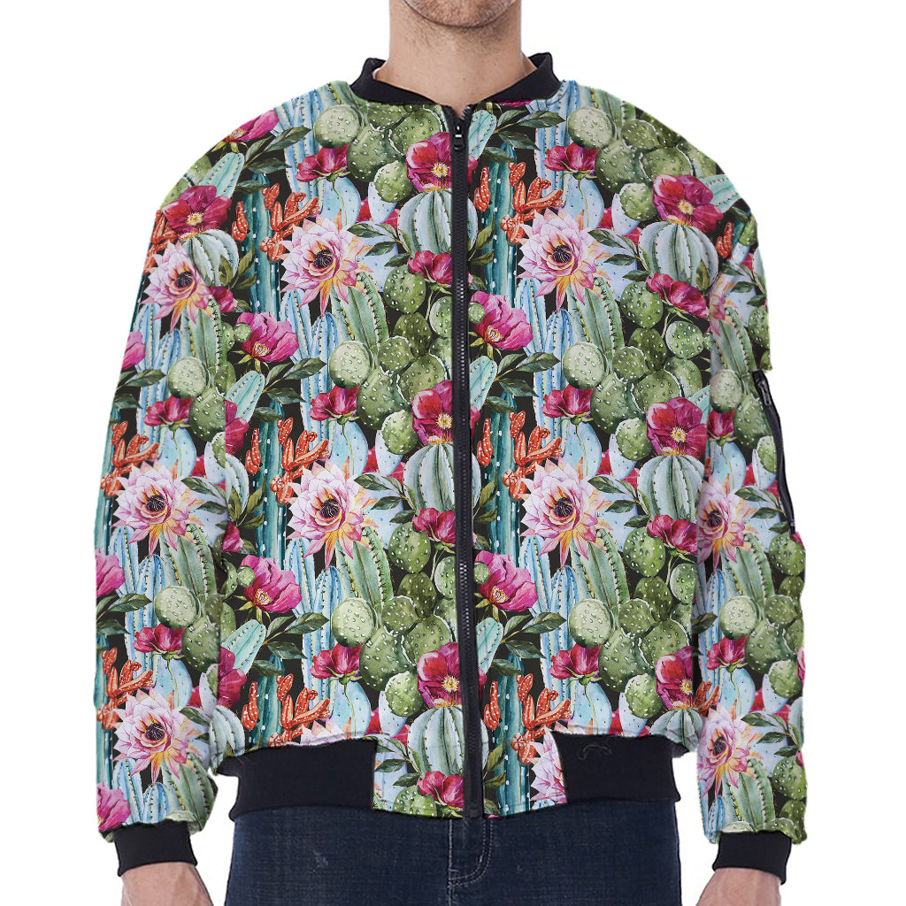 Vintage Cactus And Flower Print Zip Sleeve Bomber Jacket