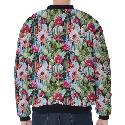 Vintage Cactus And Flower Print Zip Sleeve Bomber Jacket