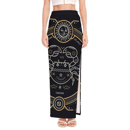 Vintage Cancer Zodiac Sign Print High Slit Maxi Skirt