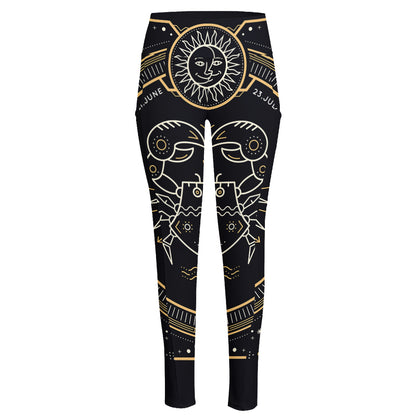 Vintage Cancer Zodiac Sign Print High-Waisted Pocket Leggings