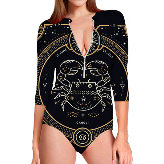 Vintage Cancer Zodiac Sign Print Long Sleeve Swimsuit