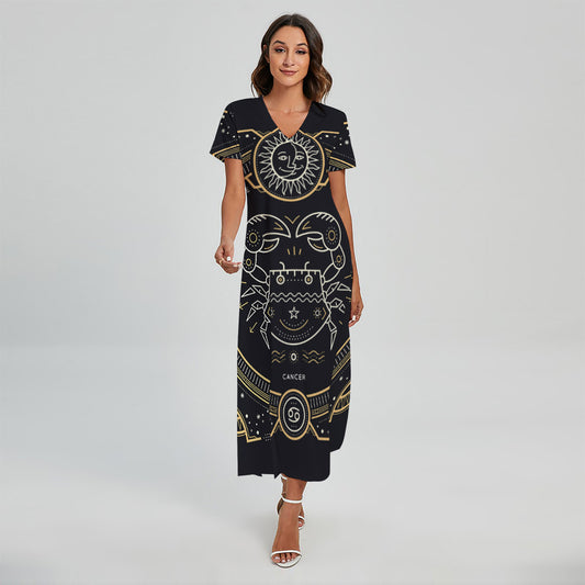 Vintage Cancer Zodiac Sign Print Short Sleeve Maxi Dress