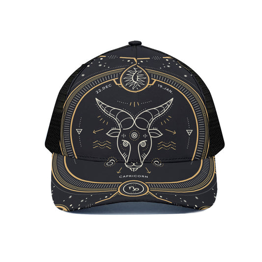 Vintage Capricorn Zodiac Sign Print Black Mesh Trucker Cap