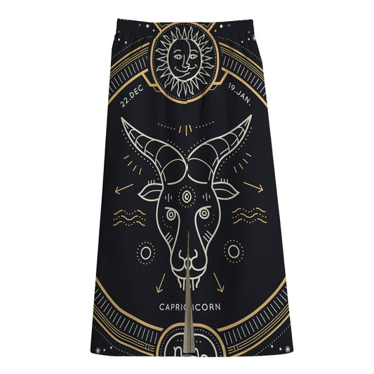 Vintage Capricorn Zodiac Sign Print Cotton Front Slit Maxi Skirt