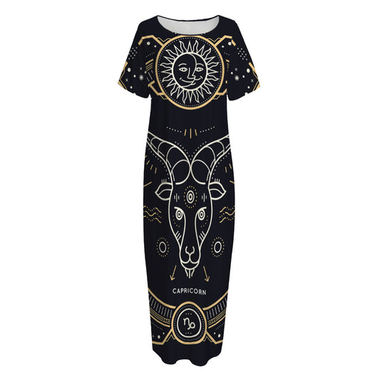 Vintage Capricorn Zodiac Sign Print Short Sleeve Long Nightdress