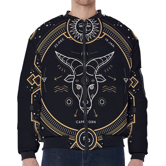 Vintage Capricorn Zodiac Sign Print Zip Sleeve Bomber Jacket