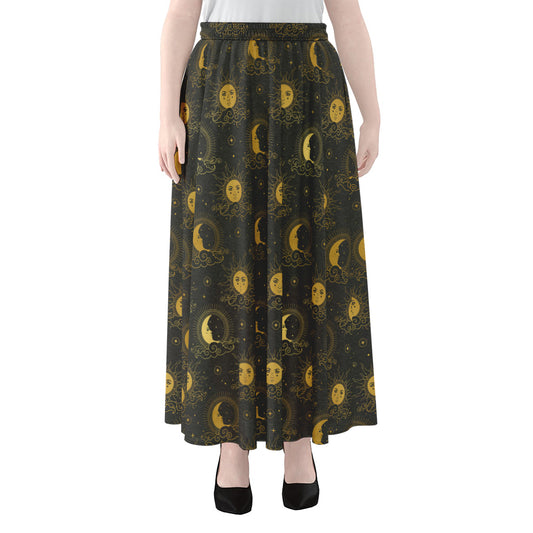 Vintage Celestial Pattern Print Chiffon Maxi Skirt