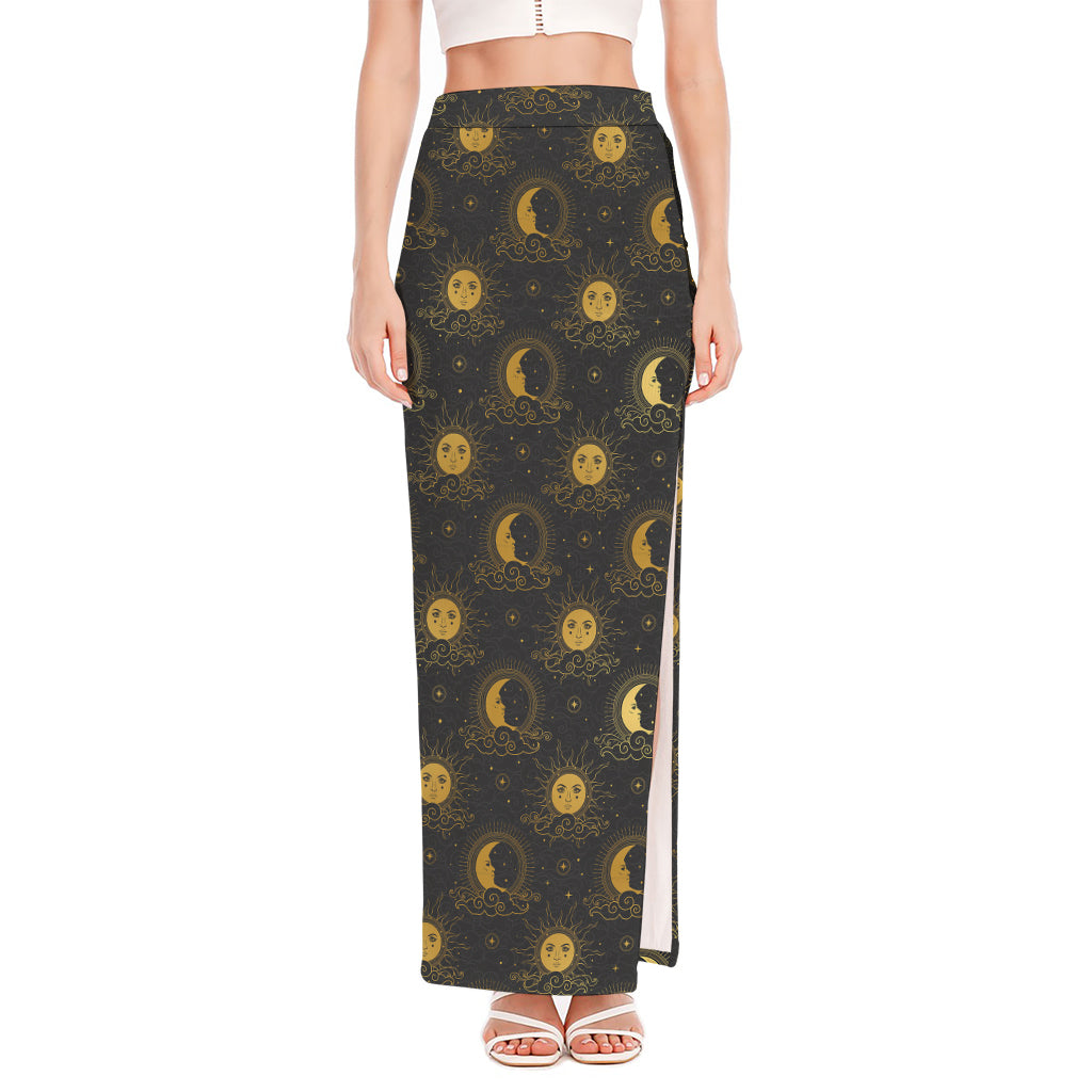 Vintage Celestial Pattern Print High Slit Maxi Skirt