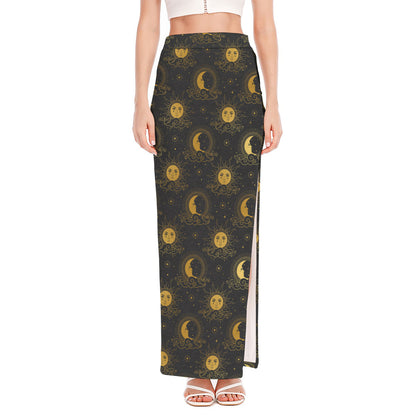 Vintage Celestial Pattern Print High Slit Maxi Skirt