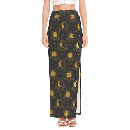 Vintage Celestial Pattern Print High Slit Maxi Skirt