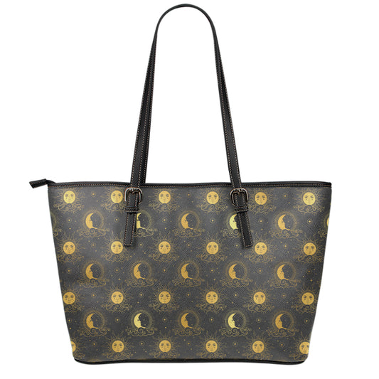 Vintage Celestial Pattern Print Leather Tote Bag