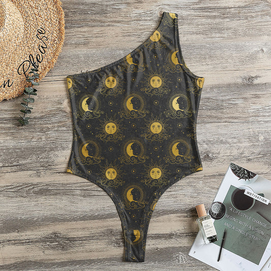 Vintage Celestial Pattern Print One Shoulder Bodysuit