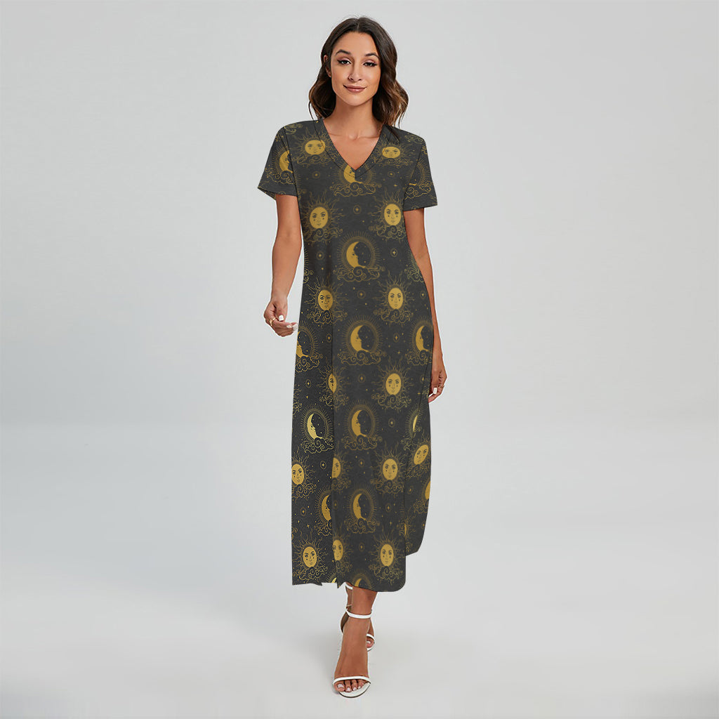 Vintage Celestial Pattern Print Short Sleeve Maxi Dress