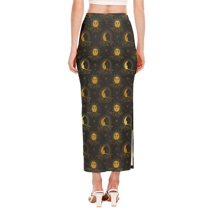 Vintage Celestial Pattern Print Side Slit Maxi Skirt
